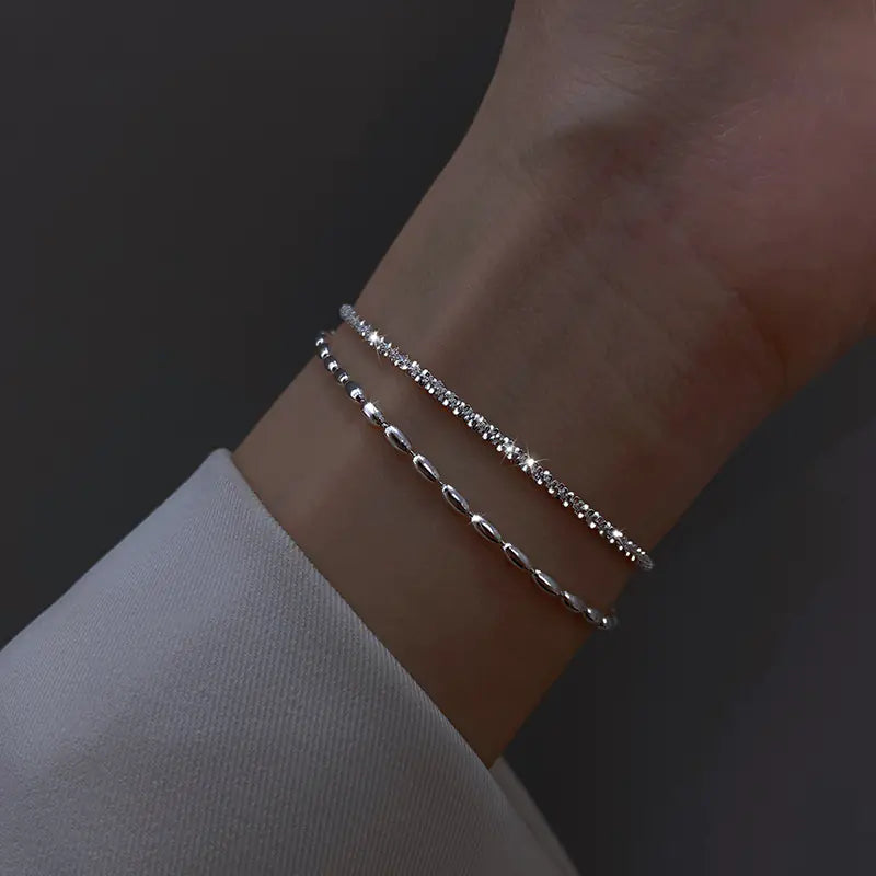 Pulseira luxuosa de prata brilhante de dupla camada